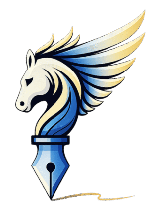 Inkryo Arts logo featuring a winged horse and fountain pen in blue and gold colors